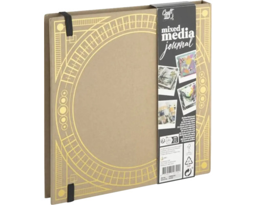 Jurnal mixed media Craft ID cu copertă maro, model circular auriu și bandă elastică de închidere.