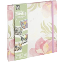 Jurnal mixed media Craft ID, pătrat, 19 pe 19 centimetri, hârtie de 300 grame pe metru pătrat, model floral cu bandă elastică.