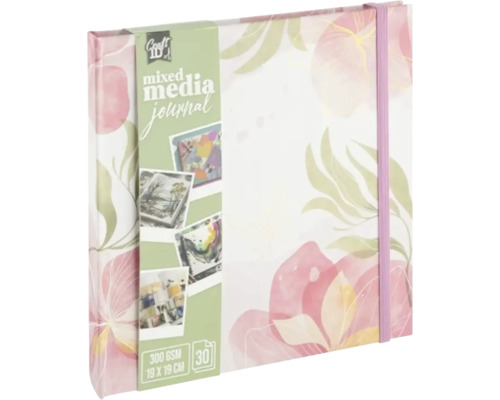 Jurnal mixed media Craft ID, pătrat, 19 pe 19 centimetri, hârtie de 300 grame pe metru pătrat, model floral cu bandă elastică.