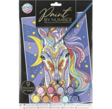 Set pictură pe numere Moxy cu model unicorn pentru copii de peste opt ani, include pensulă și nouă recipiente de vopsea.