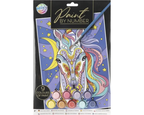 Set pictură pe numere Moxy cu model unicorn pentru copii de peste opt ani, include pensulă și nouă recipiente de vopsea.