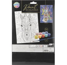 Set pictură pe numere Moxy cu motiv unicorn, conține pânză, nouă recipiente cu vopsea și o pensulă.
