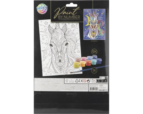 Set pictură pe numere Moxy cu motiv unicorn, conține pânză, nouă recipiente cu vopsea și o pensulă.