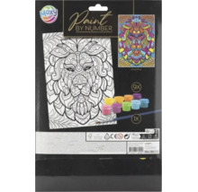 Set de pictură pe numere Moxy cu motiv leu, incluzând pânză, nouă borcane de vopsea și o pensulă.
