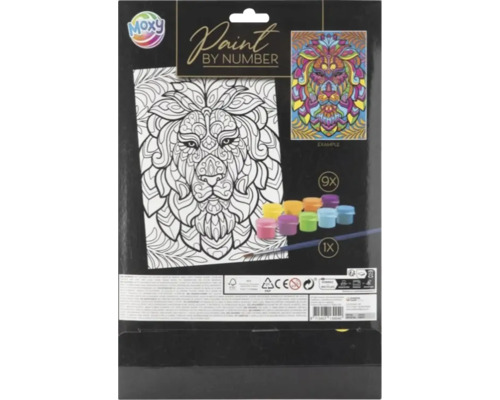 Set de pictură pe numere Moxy cu motiv leu, incluzând pânză, nouă borcane de vopsea și o pensulă.