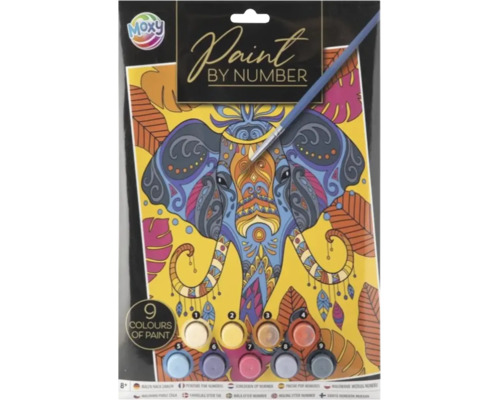 Set pictură pe numere Moxy cu motiv elefant, include 9 culori și o pensulă.