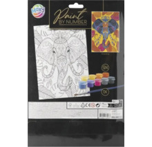 Set de pictură pe numere Moxy elefant cu șablon, nouă recipiente de vopsea, o pensulă și Moxy Logo.
