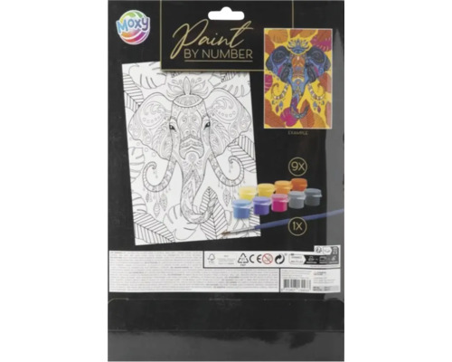 Set de pictură pe numere Moxy elefant cu șablon, nouă recipiente de vopsea, o pensulă și Moxy Logo.