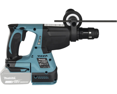 Ciocan rotopercutor cu acumulator Makita DHR243 cu baterie de 18 Volți, mâner lateral și limitator de adâncime.