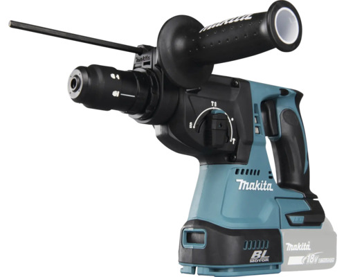 Ciocan rotopercutor Makita 18 Volt cu motor fără perii, mâner lateral și limitator de adâncime.