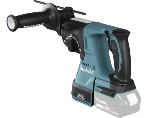 Ciocan rotopercutor cu acumulator Makita 18 Volt LXT cu motor fără perii, mâner suplimentar și limitator de profunzime.