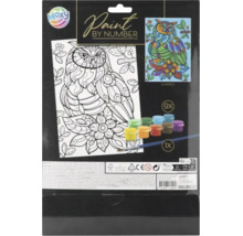 Set de pictură pe numere Moxy cu motiv bufniță, nouă borcănașe de vopsea și o pensulă.
