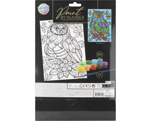 Set de pictură pe numere Moxy cu motiv bufniță, nouă borcănașe de vopsea și o pensulă.