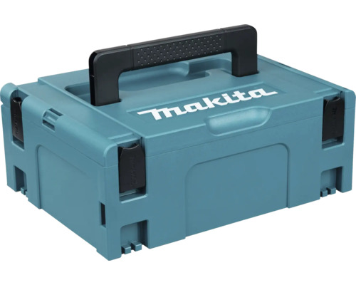 Cutie de transport Makita Makpac din plastic cu mâner și clipsuri de închidere.