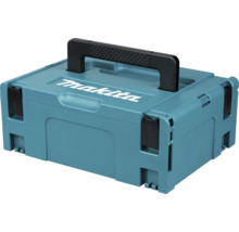 Cutie de sistem Makita MAKPAC din plastic cu mâner negru și închizători prin clipsare.