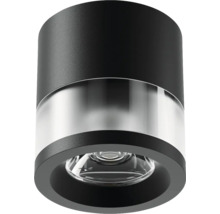 Spot de tavan cilindric din metal negru cu inel transparent și lentilă din sticlă.