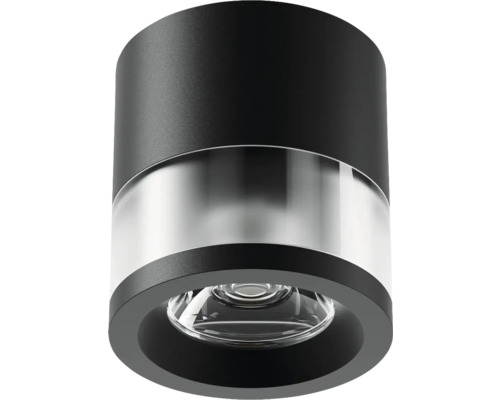 Spot de tavan cilindric din metal negru cu inel transparent și lentilă din sticlă.