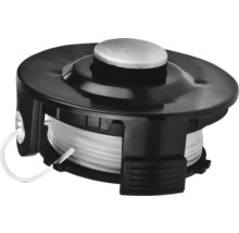 Bobină cu fir pentru trimmer de gazon din plastic negru cu fir de nailon transparent.