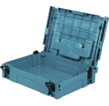 Cutie de scule Makita Makpac albastră deschisă din plastic cu închizători negre.