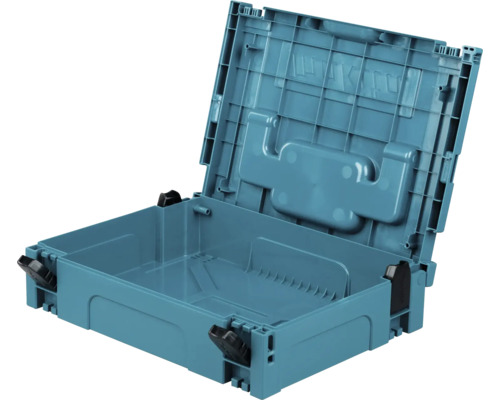 Cutie de scule Makita Makpac albastră deschisă din plastic cu închizători negre.