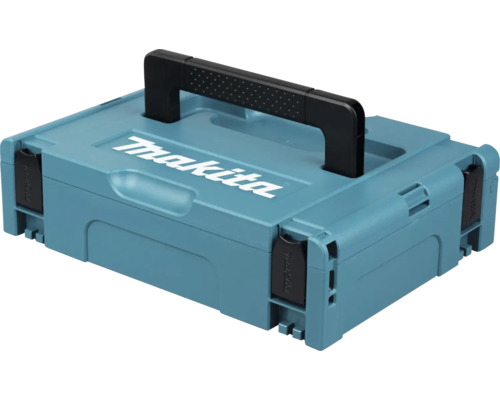 Cutie Makita MAKPAC cu Makita Logo, mâner negru și patru închizători pentru depozitarea și transportul sculelor.