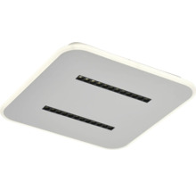 Plafonieră LED pătrată în alb și gri cu colțuri rotunjite și două rânduri paralele de spoturi.