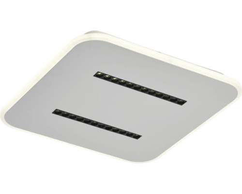 Plafonieră LED pătrată în alb și gri cu colțuri rotunjite și două rânduri paralele de spoturi.