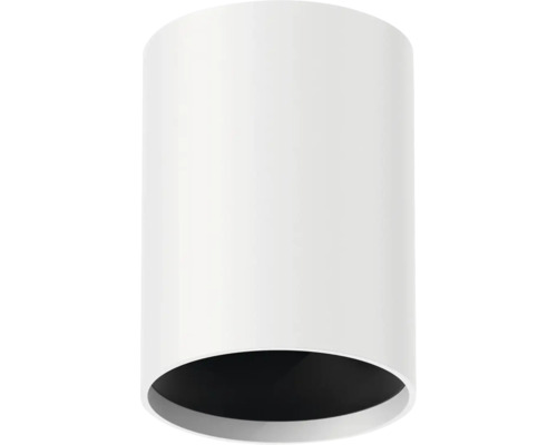 Plafonieră cilindrică albă cu interior negru pentru montaj pe suprafață.