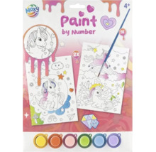 Set Moxy Pictură pe numere pentru copii de peste 4 ani, motive cu unicorni, 2 modele, 6 culori și 1 pensulă.