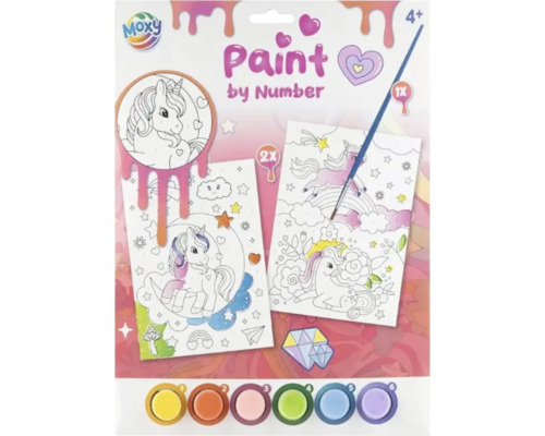 Set Moxy Pictură pe numere pentru copii de peste 4 ani, motive cu unicorni, 2 modele, 6 culori și 1 pensulă.