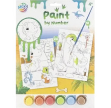 Set de pictură pe numere Moxy pentru copii, motiv dinozauri, include două planșe, șase recipiente cu vopsea și o pensulă, recomandat de la patru ani.