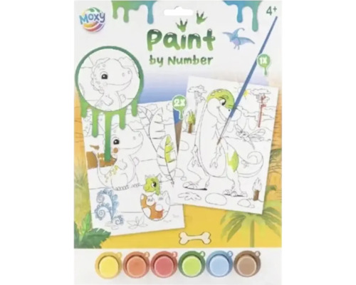 Set de pictură pe numere Moxy pentru copii, motiv dinozauri, include două planșe, șase recipiente cu vopsea și o pensulă, recomandat de la patru ani.