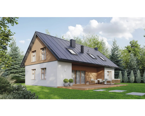 Casă modernă cu acoperiș metalic, fațadă din lemn, tencuială, terasă cu punte de lemn și mobilier de grădină într-o grădină luminoasă.