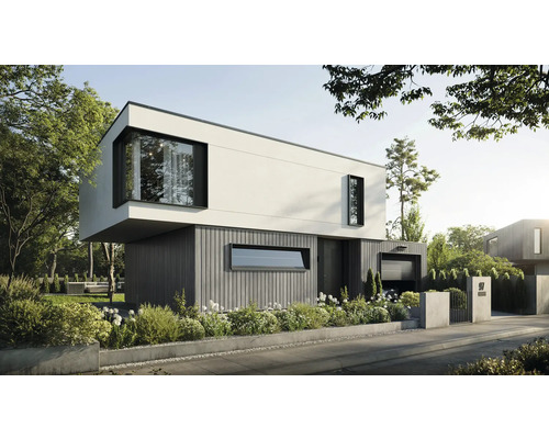 Casă modernă cu două etaje, fațadă albă, lambriu vertical gri și ferestre mari într-o grădină amenajată.