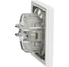 Vedere laterală a unui inserat electric pentru instalare încastrată cu gheare de fixare și carcasă din plastic.