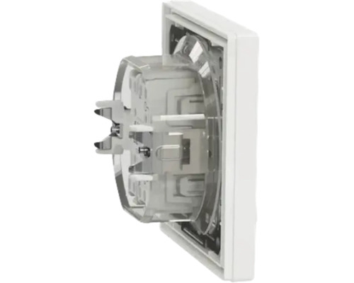 Vedere laterală a unui inserat electric pentru instalare încastrată cu gheare de fixare și carcasă din plastic.