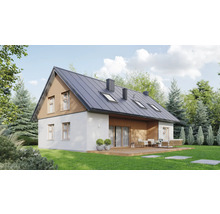 Casă modernă cu două etaje, acoperiș metalic, fațadă din lemn și tencuială și o terasă cu mobilier de grădină.