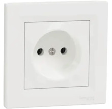 Priză Schuko cu ramă pentru montaj sub tencuială, din plastic de culoare albă.