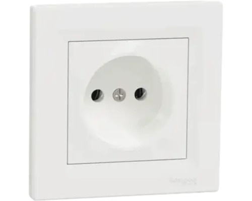 Priză Schuko cu ramă pentru montaj sub tencuială, din plastic de culoare albă.
