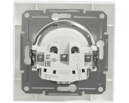 Mecanism priză Schneider Electric cu suport metalic și marcaje de certificare.