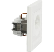 Priză cu contact de protecție albă, vedere laterală cu mecanism de încastrare vizibil din metal și plastic.
