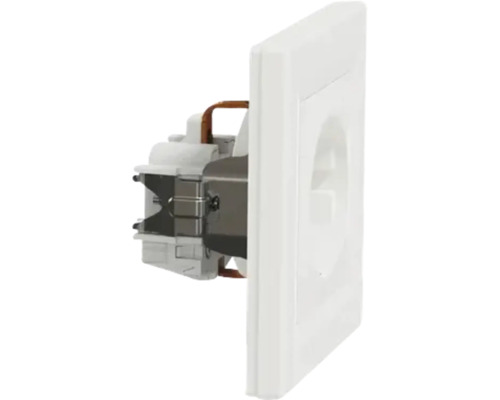 Priză cu contact de protecție albă, vedere laterală cu mecanism de încastrare vizibil din metal și plastic.