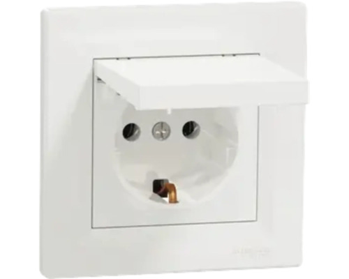 Priză Schuko cu capac rabatabil pentru montaj sub tencuială în culoarea albă.