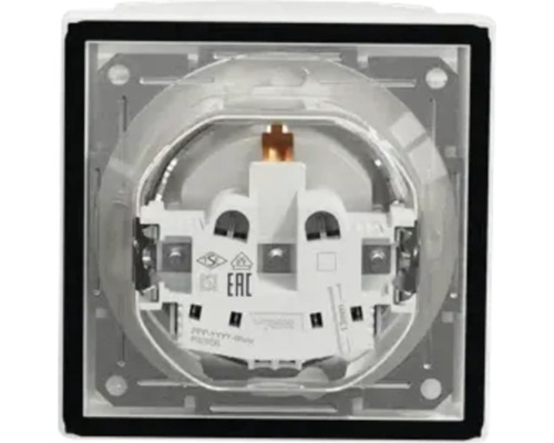 Inserție priză cu contact de protecție pentru instalații electrice cu ramă metalică și mărci de certificare.