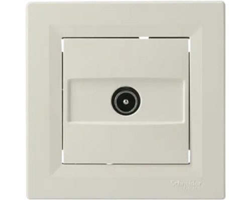 Priză de antenă Schneider Electric alb crem cu ramă, conexiune coaxială.