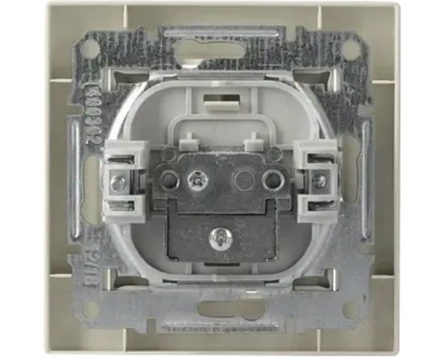 Mecanism de priză încastrat cu ramă metalică și borne cu șurub pentru instalații electrice.