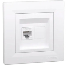 Priză de rețea Schneider Electric RJ45 categoria 6 cu ramă pentru montaj încastrat.