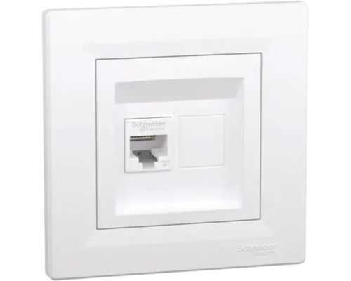 Priză de rețea Schneider Electric RJ45 categoria 6 cu ramă pentru montaj încastrat.