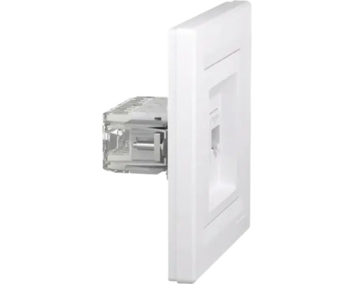 Priză de rețea RJ45 albă pentru montaj sub tencuială, vedere laterală cu placa frontală și modulul de conectare din spate.