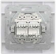 Mecanism întrerupător dublu sub tencuială cu ramă metalică și gheare de fixare pentru instalații electrice.